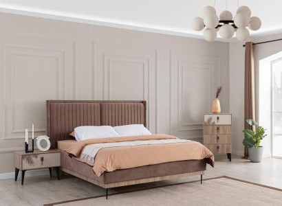 Brown Bedroom Set Upholstery Double bed 2x Bedside tables Wood Chest of drawers